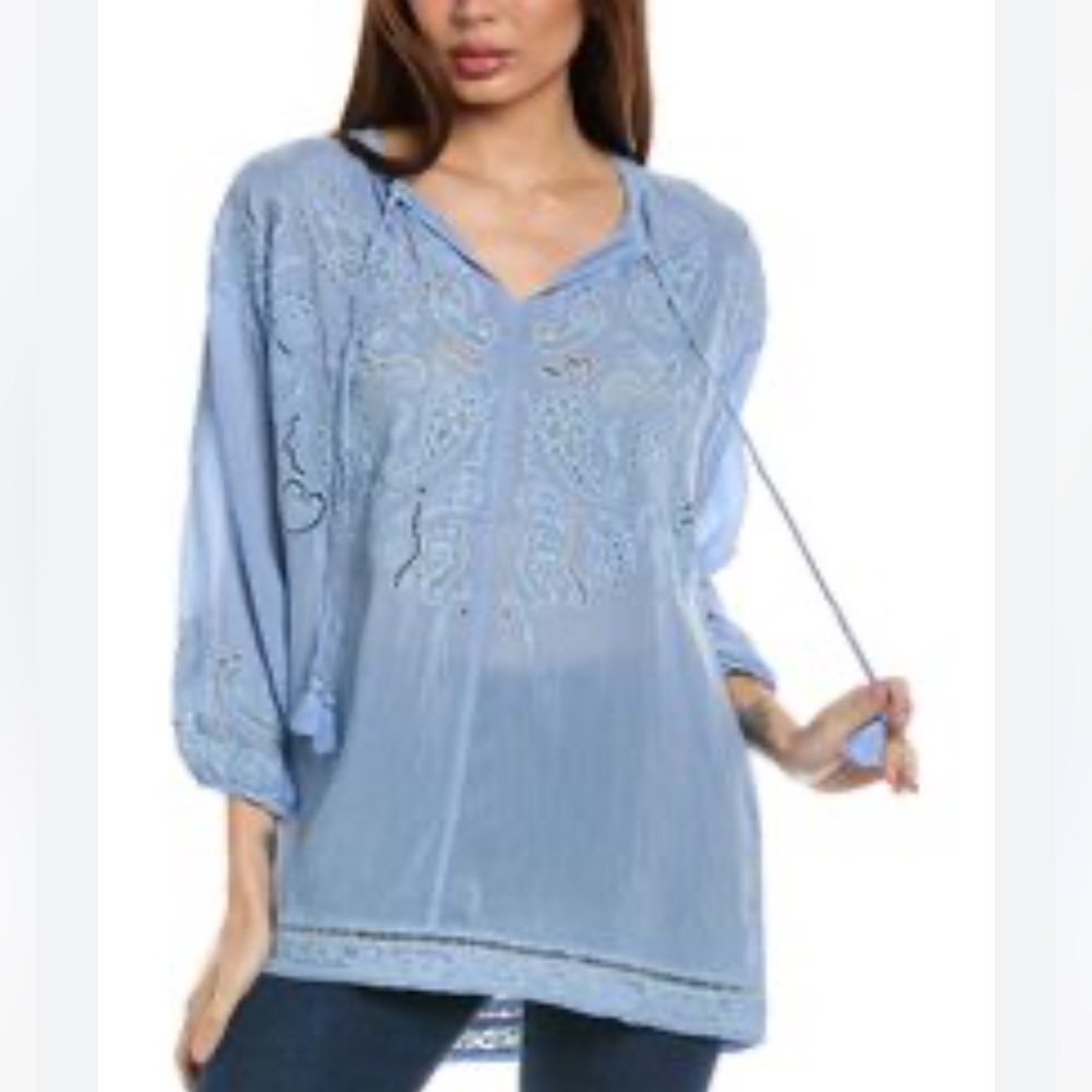 Johnny Was light blue embroidered tunic blouse top, size S